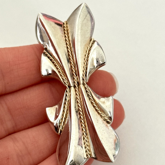 Vintage 925 Sterling Silver & 14K Gold Braided Two Tone Modern Abstract Brooch - Picture 6 of 11